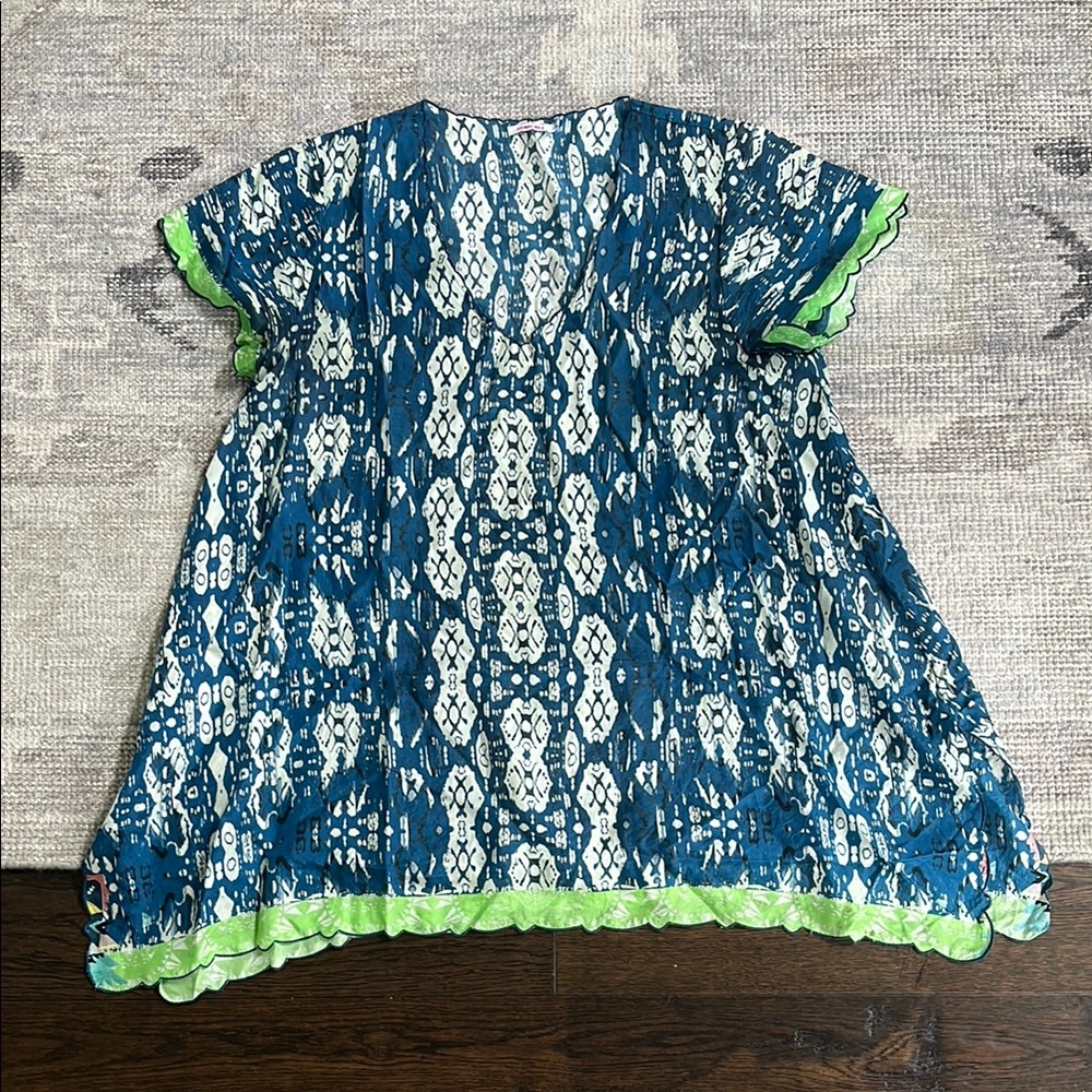 Johnny Was silk Teal and Cream Patterned tunic
